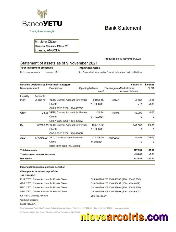 Angola Banco Yetu bank statement in Excel and PDF format